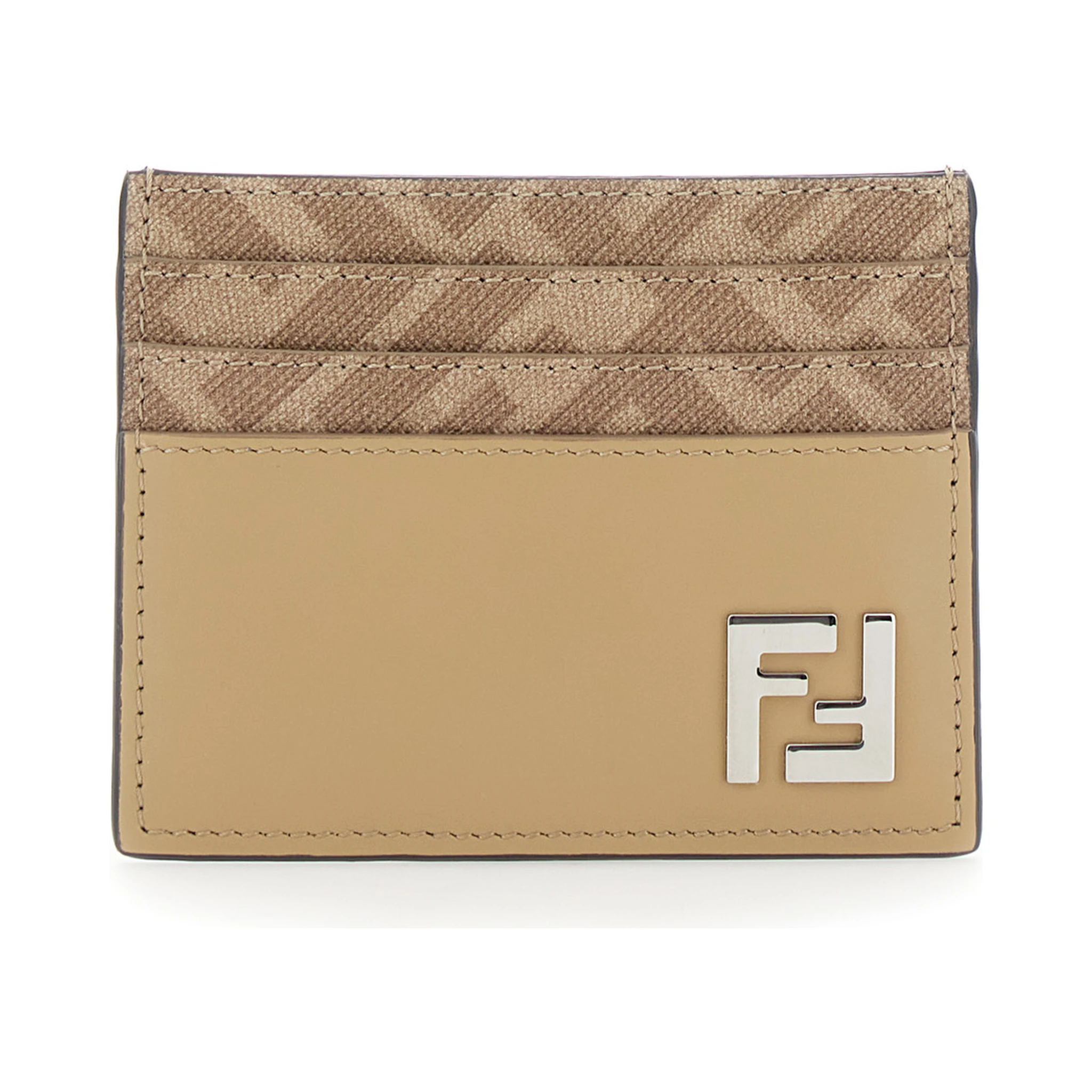 Beige Card Holder with FF Plaque on the Front in Leather Man