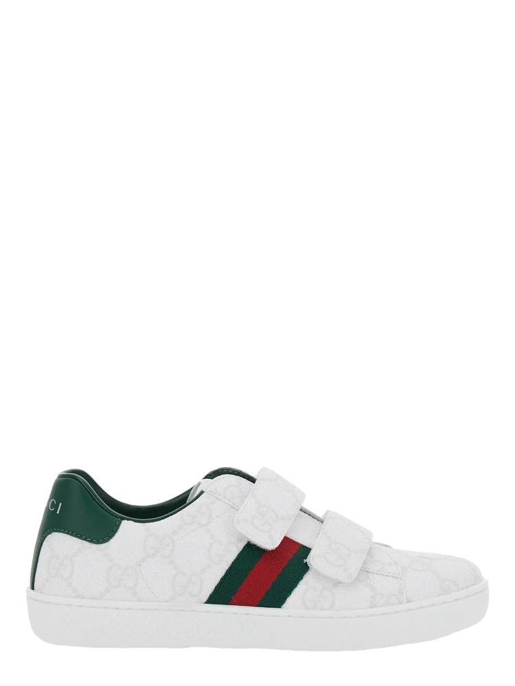 Plastic White Low Top Sneakers with Web Detail on the Side in GG Canvas Boy