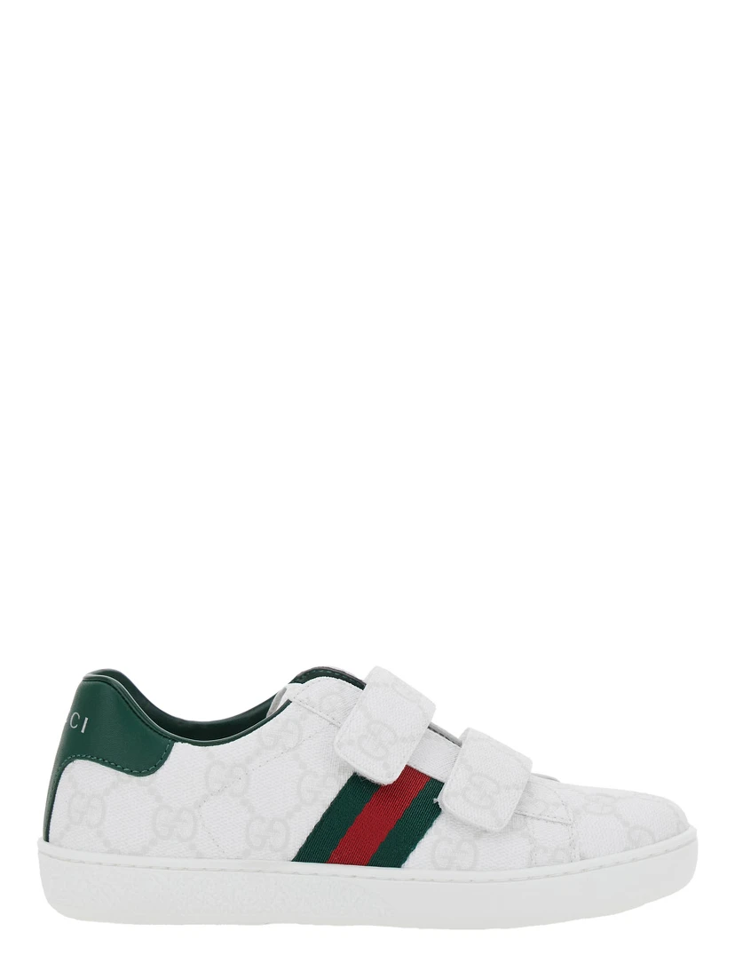 Plastic White Low Top Sneakers with Web Detail on the Side in GG Canvas Boy