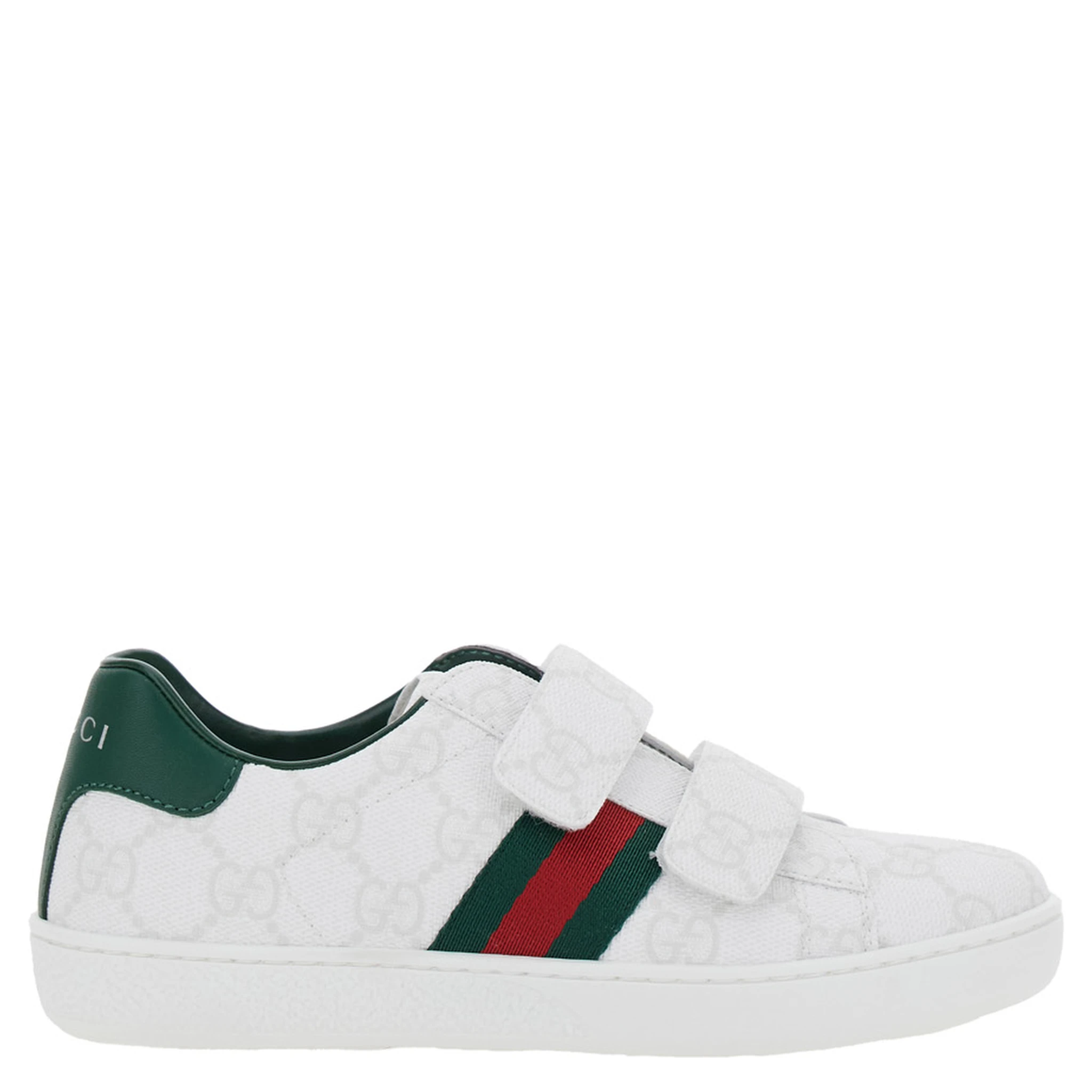 Plastic White Low Top Sneakers with Web Detail on the Side in GG Canvas Boy