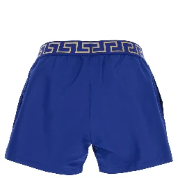 Blue Swim Shorts with Elastic Waist with Greca Motif in Tech Fabric Man