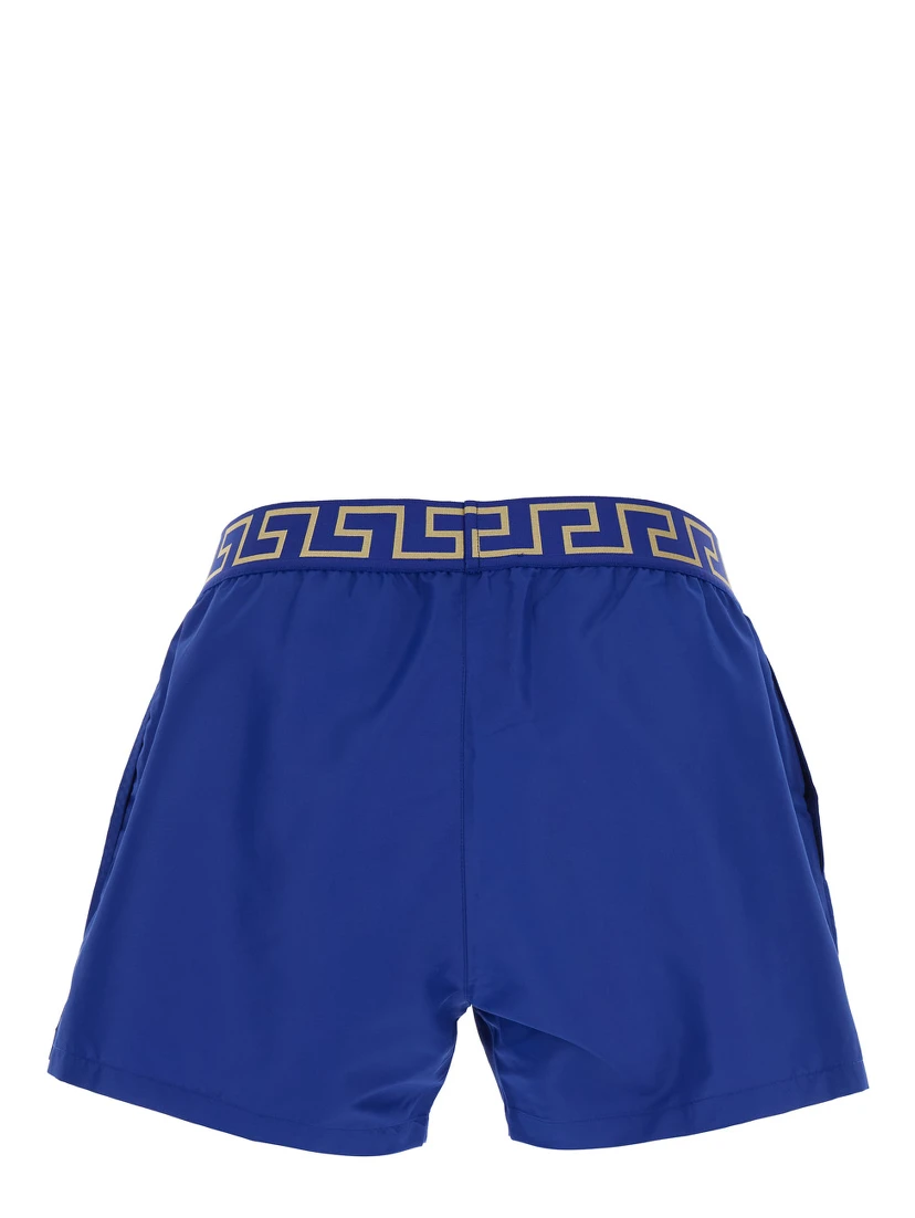 Blue Swim Shorts with Elastic Waist with Greca Motif in Tech Fabric Man