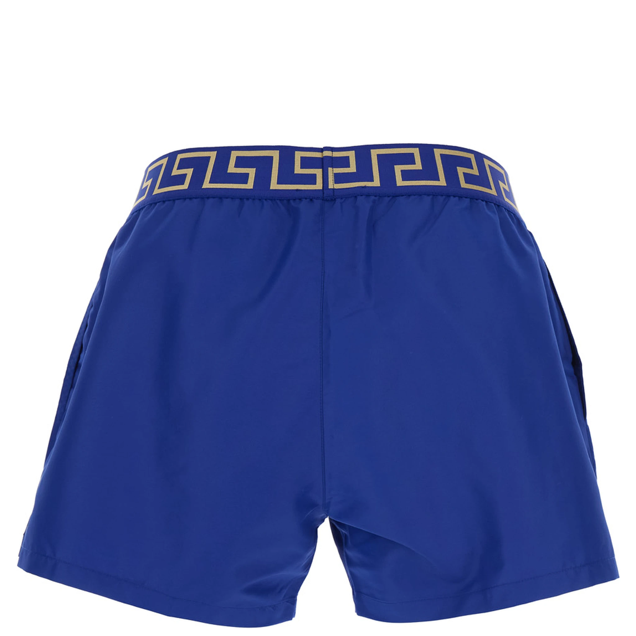 Blue Swim Shorts with Elastic Waist with Greca Motif in Tech Fabric Man