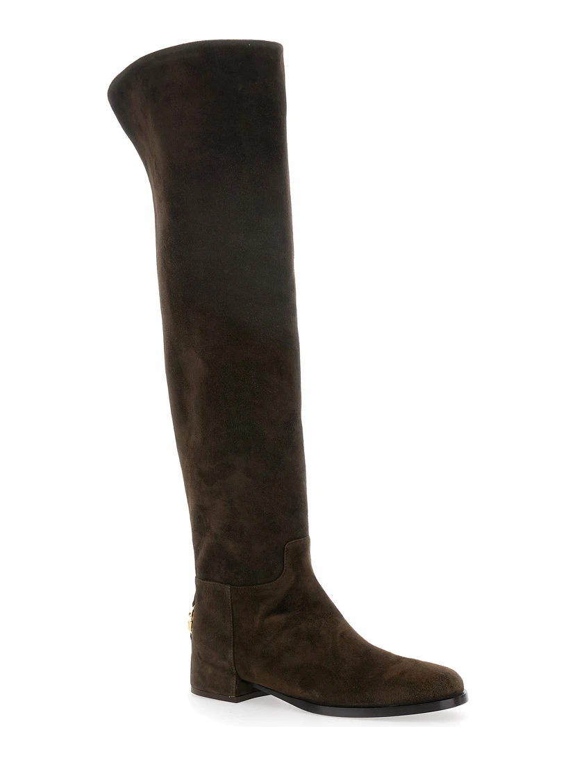 Brown Knee-High Boots with Back Logo Plaque in Suede Woman
