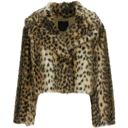 Brown Fur Coat with All-Over Leopard Print in Faux Fur Woman