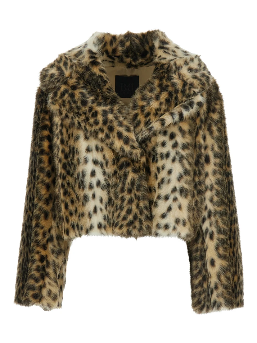 Brown Fur Coat with All-Over Leopard Print in Faux Fur Woman