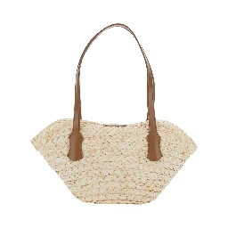 حقيبة كتف بيج اللون بمقبضين علويين وتصميم متشابك من الرافيا للنساء