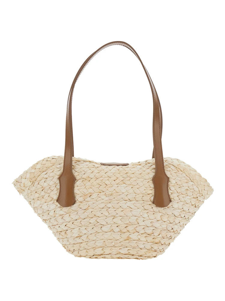 Beige Shoulder Bag with Two Top Handles and Interwoven Design in Raffia Woman alternative