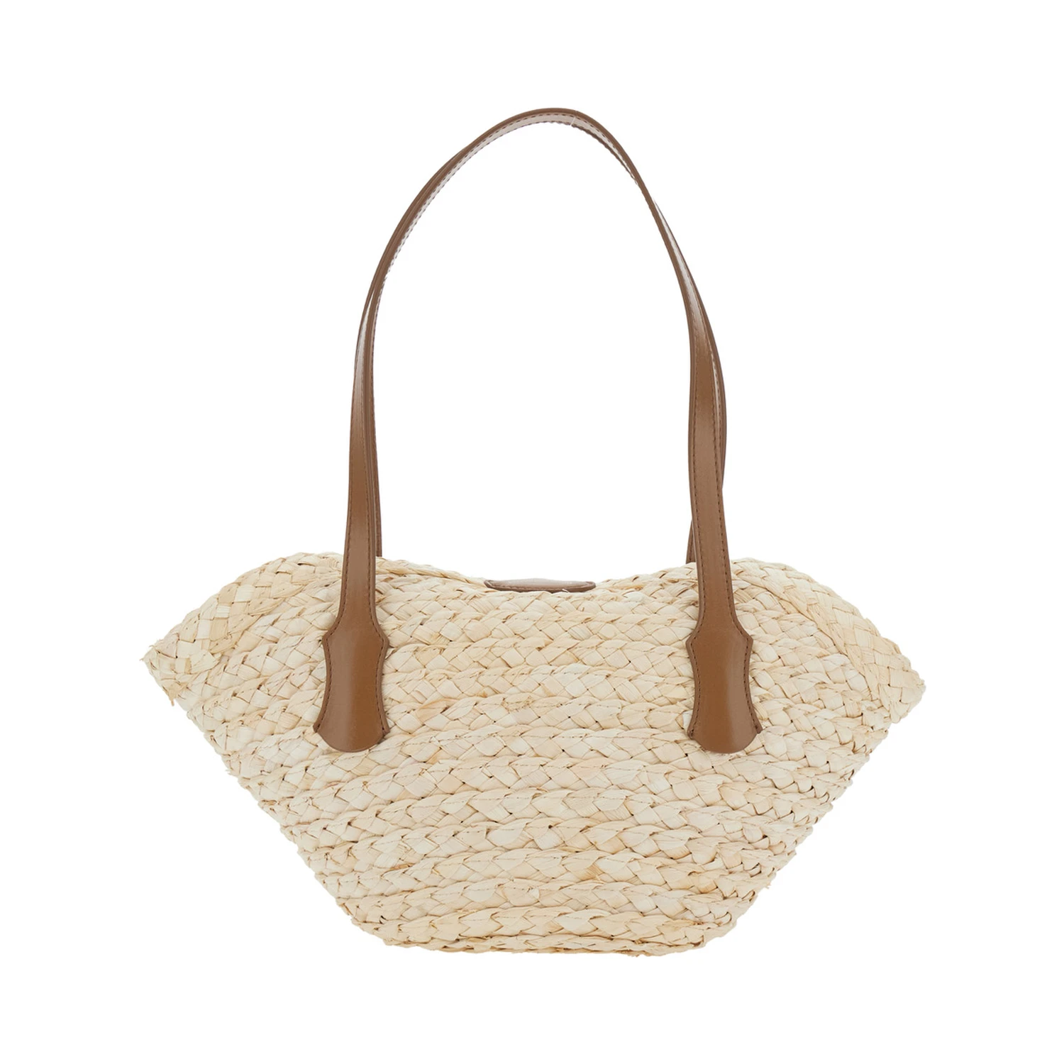 Beige Shoulder Bag with Two Top Handles and Interwoven Design in Raffia Woman