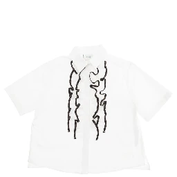White Shirt with Classic Collar and Contrasting Ruched Detail in Cotton Girl