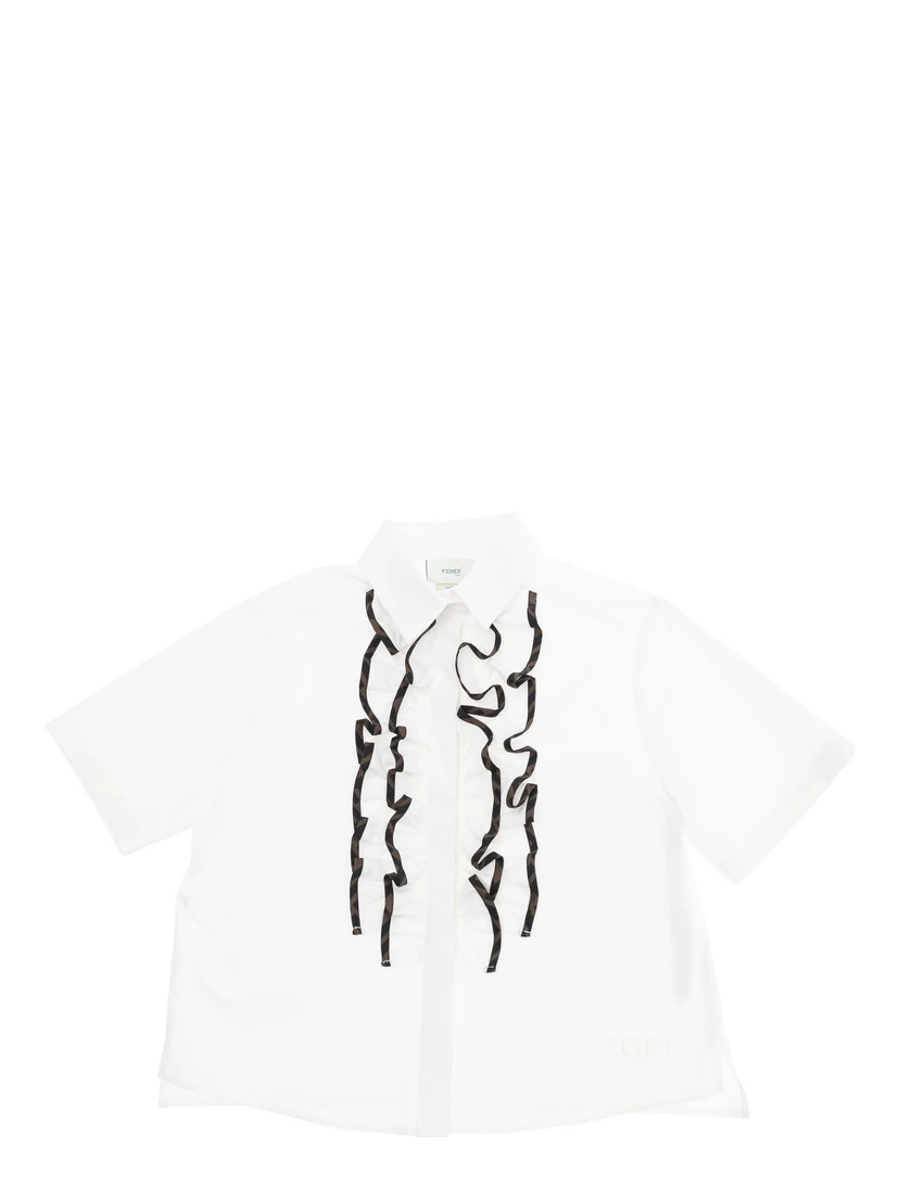 White Shirt with Classic Collar and Contrasting Ruched Detail in Cotton Girl