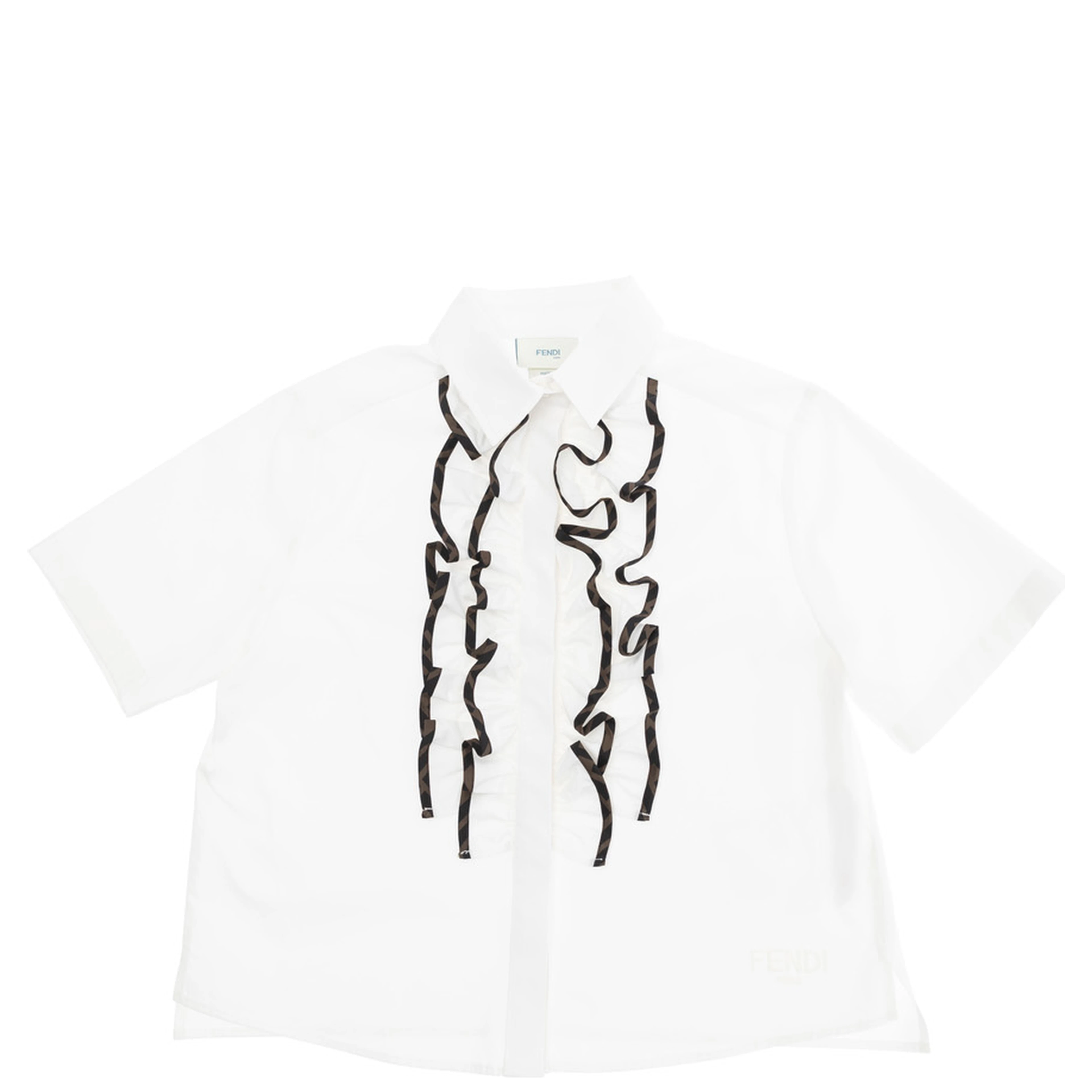 White Shirt with Classic Collar and Contrasting Ruched Detail in Cotton Girl