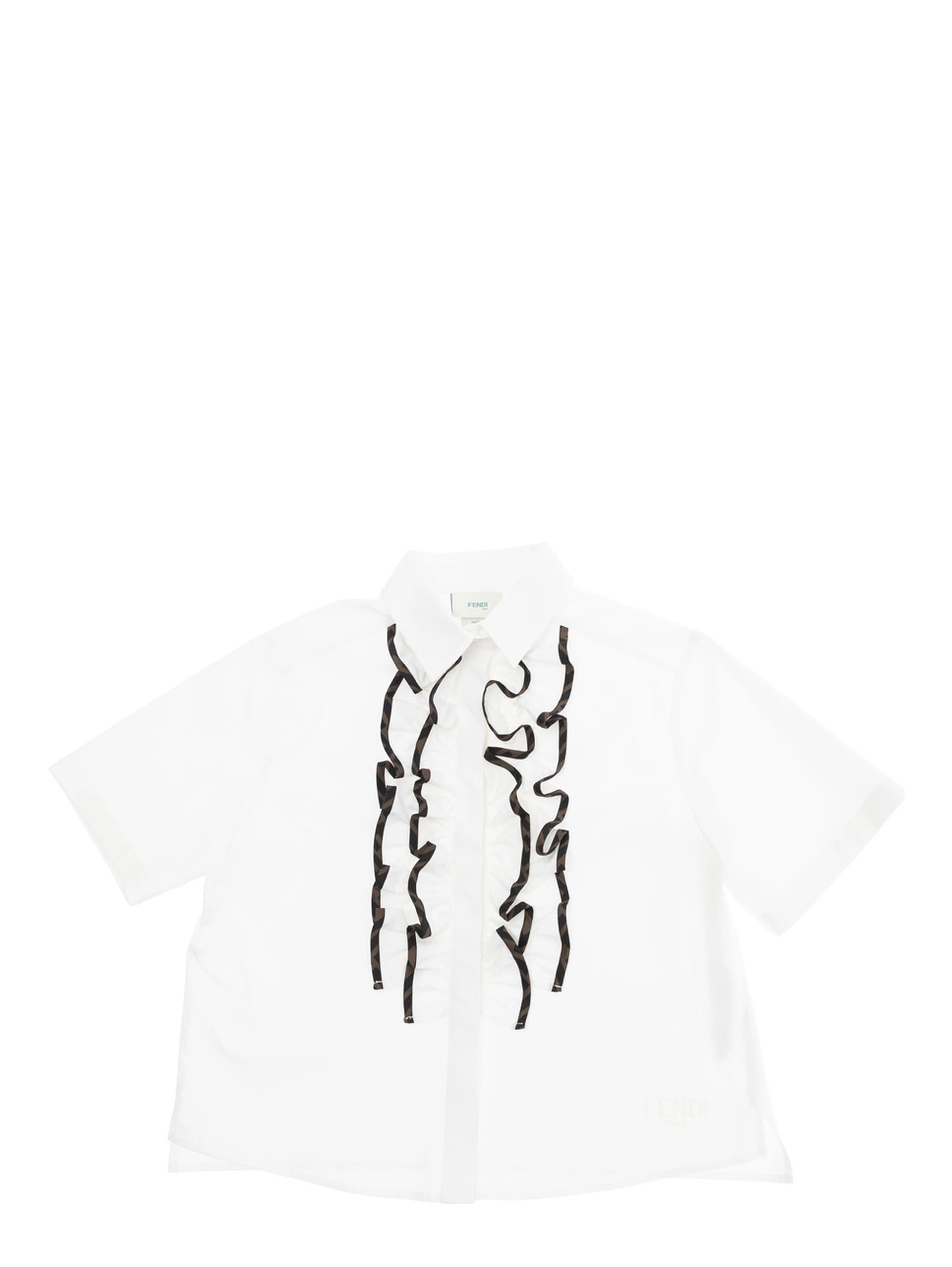 White Shirt with Classic Collar and Contrasting Ruched Detail in Cotton Girl