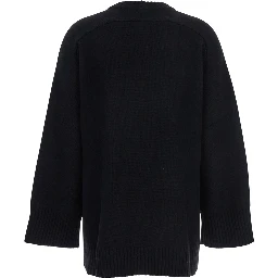 Black Crew Neck Sweater with Knitted Design in Wool Woman