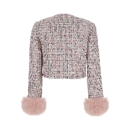 Pink Crewneck Jacket with Crystal Embellishments and Ecofur Cuffs in Tech Fabric Woman