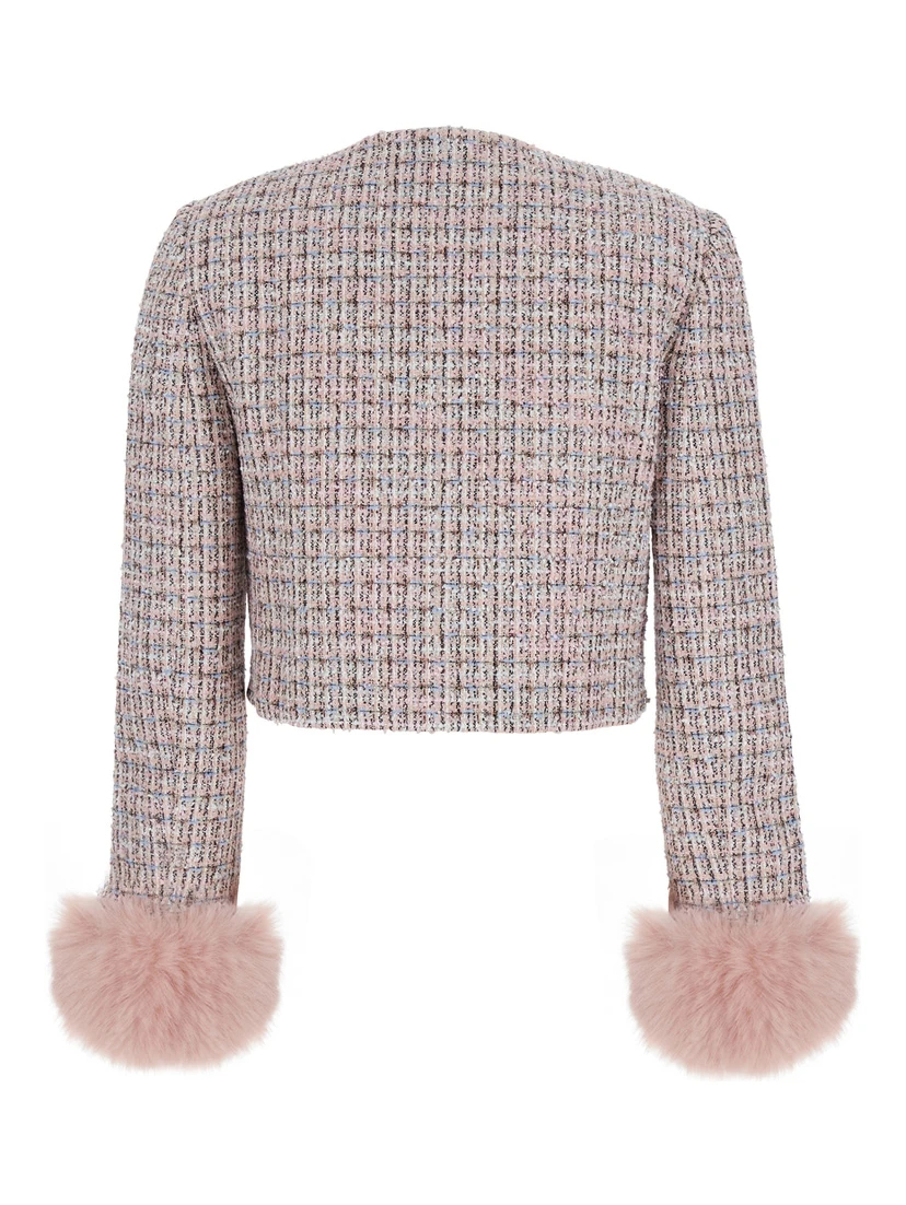 Pink Crewneck Jacket with Crystal Embellishments and Ecofur Cuffs in Tech Fabric Woman