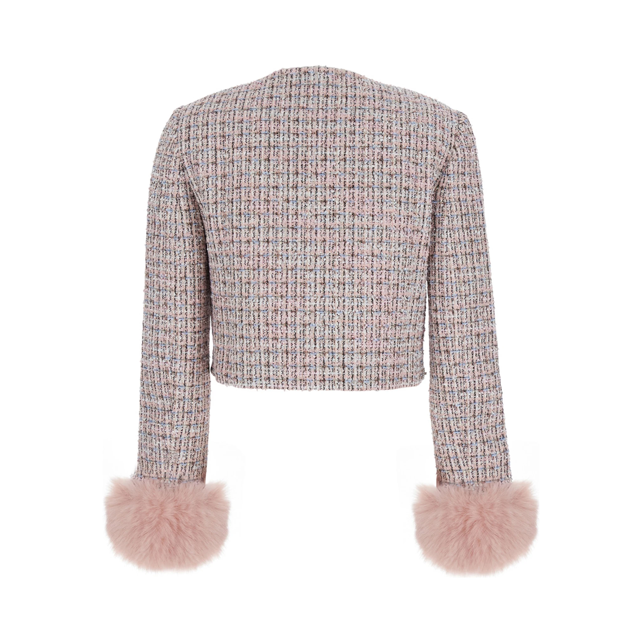 Pink Crewneck Jacket with Crystal Embellishments and Ecofur Cuffs in Tech Fabric Woman