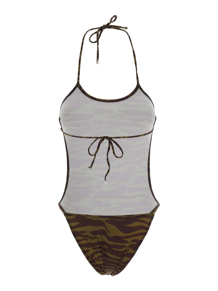 Green Swimsuit with Halterneck with Tie and All-Over Print in Tech Fabric Stretch Woman alternative