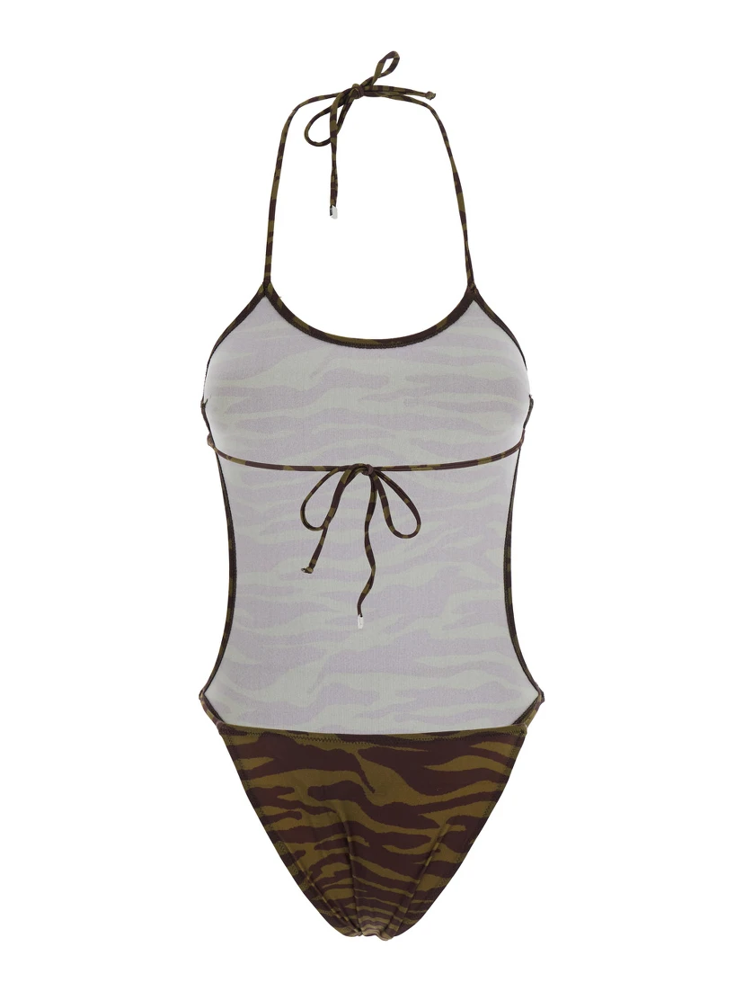 Green Swimsuit with Halterneck with Tie and All-Over Print in Tech Fabric Stretch Woman