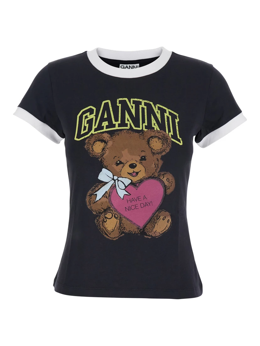 Black Crewneck T-Shirt with Maxi Logo on the Front in Cotton Jersey Woman