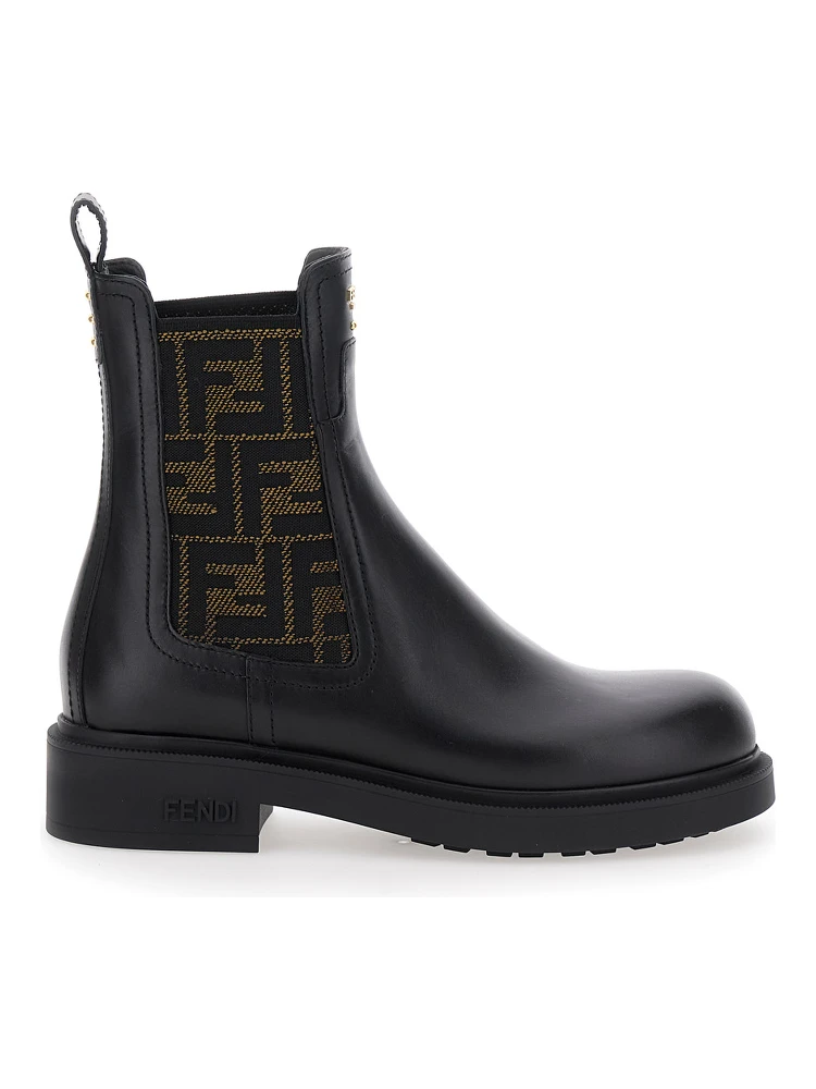 Black Ankle Boots with Elastic Side Detailing and FF Motif in Leather Woman