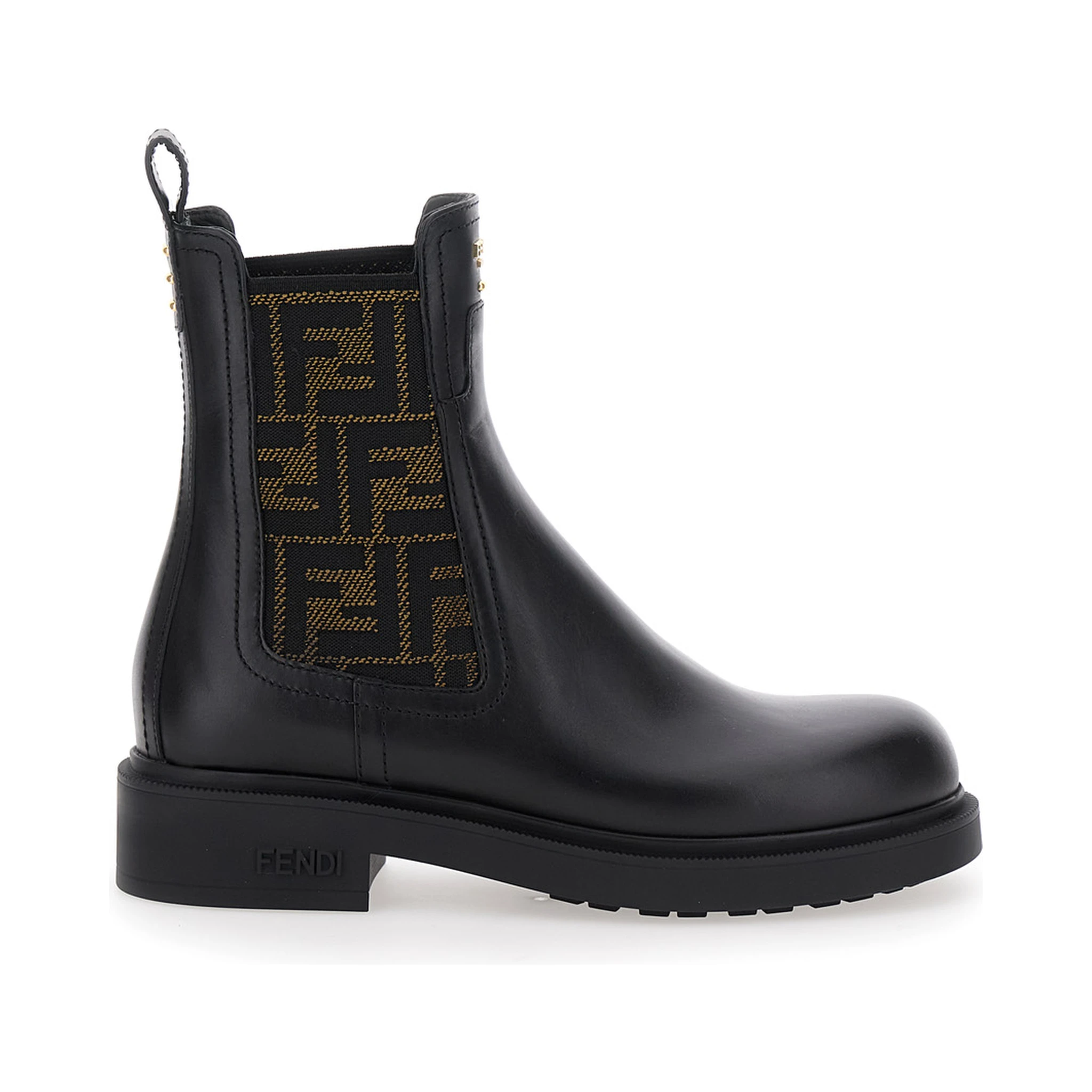 Black Ankle Boots with Elastic Side Detailing and FF Motif in Leather Woman