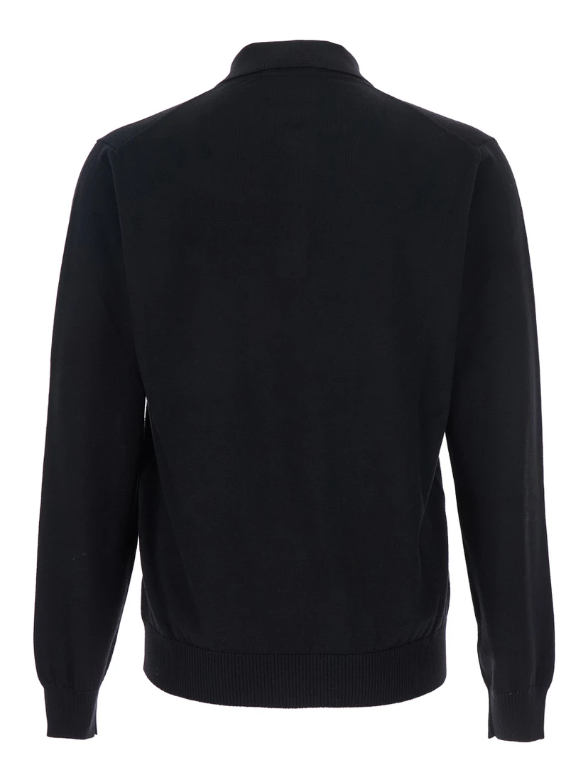 Black Long-Sleeve Polo Shirt with Classic Collar and FF Plaque on the Front in Wool Man