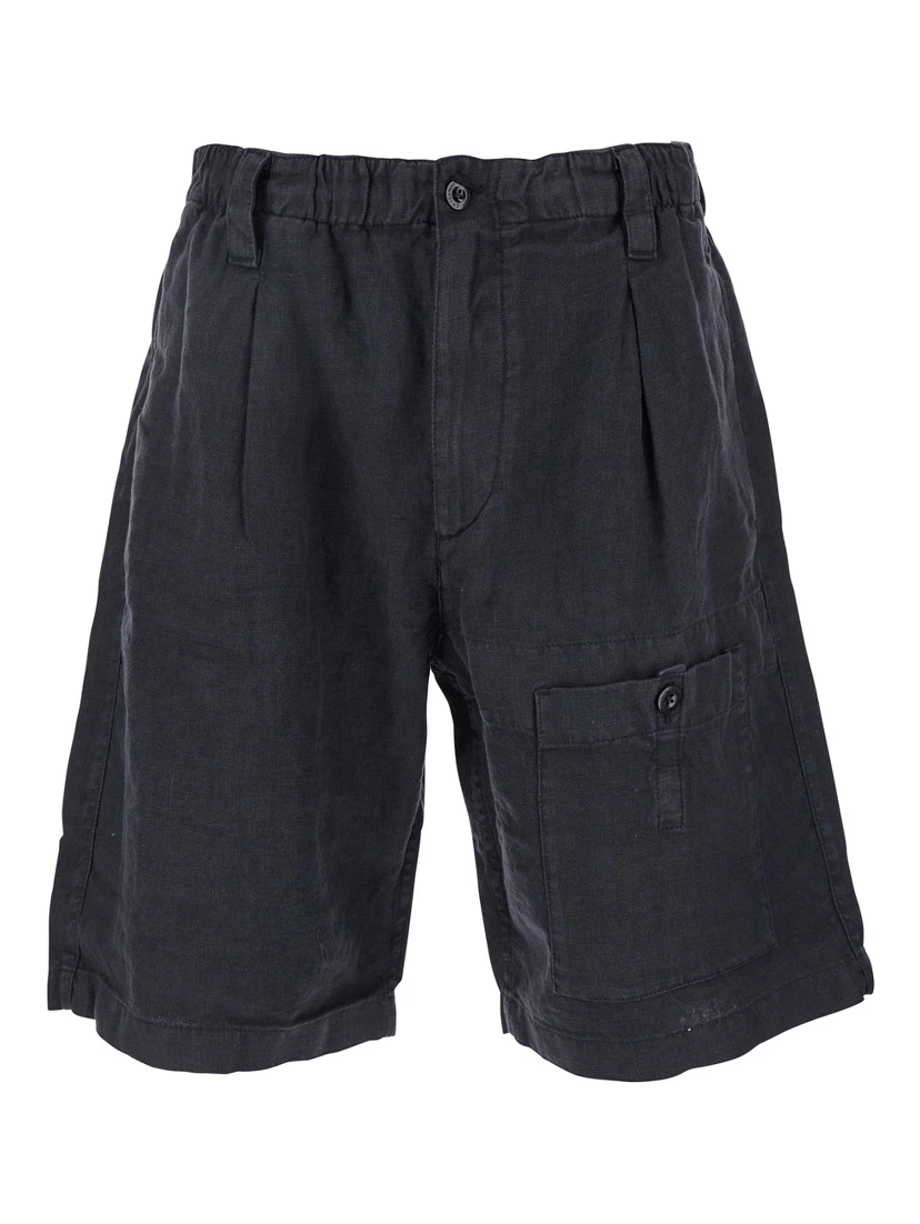 Blue Bermuda Pants with Elastic Waist and Logo Patch on the Rear in Linen Man