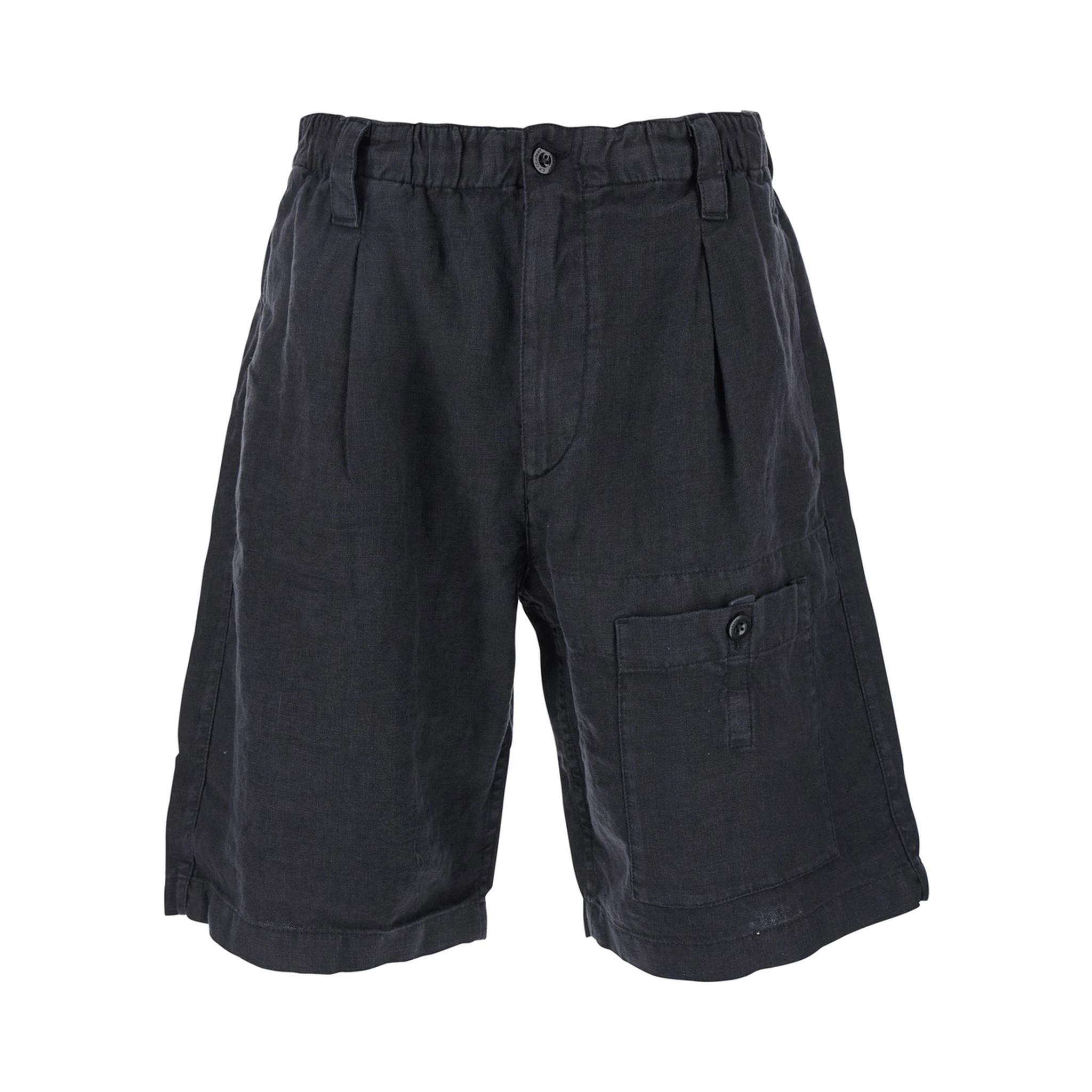 Blue Bermuda Pants with Elastic Waist and Logo Patch on the Rear in Linen Man