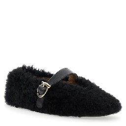 Black Ballerinas with Shearling Design and Buckle in Leather Woman