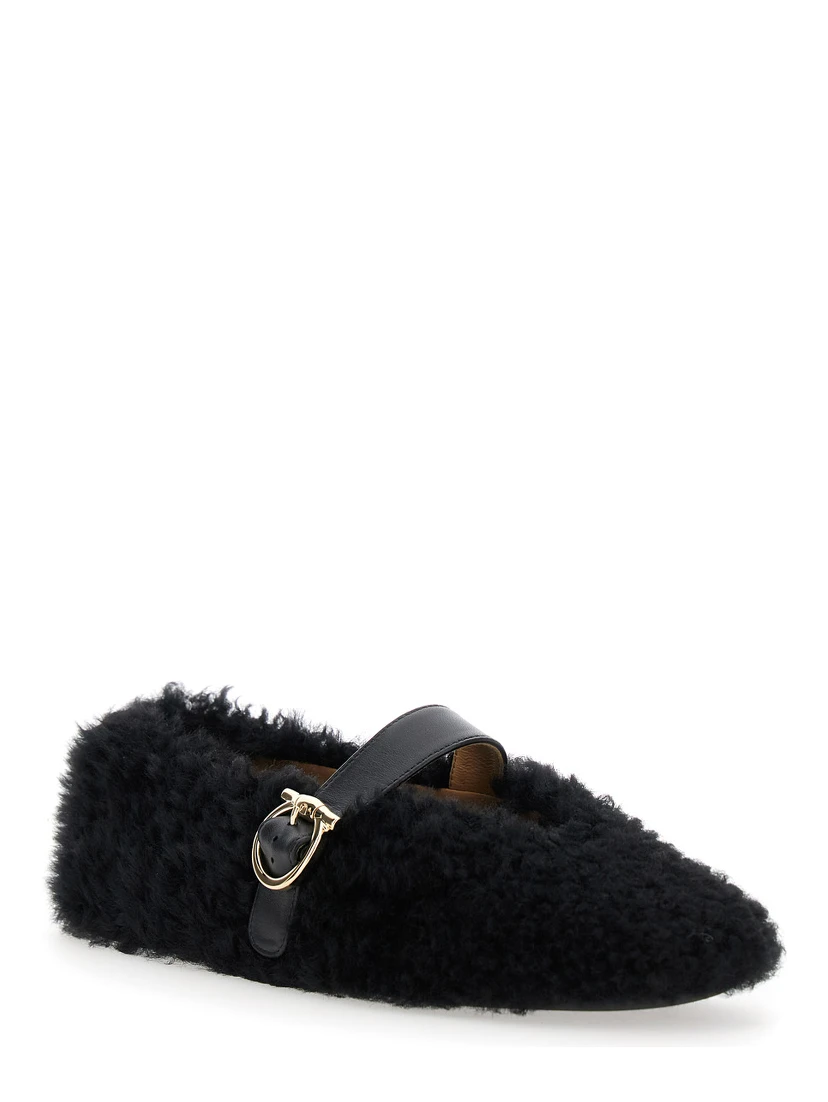Black Ballerinas with Shearling Design and Buckle in Leather Woman