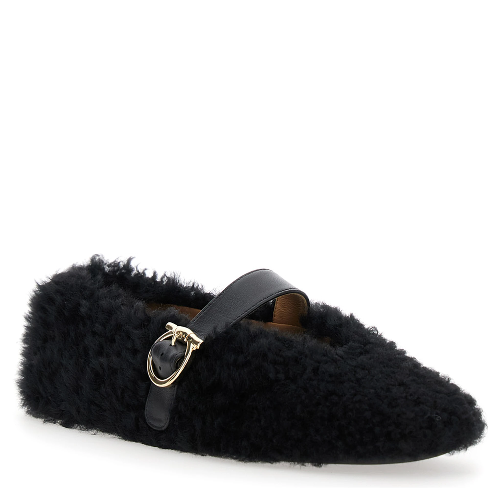 Black Ballerinas with Shearling Design and Buckle in Leather Woman
