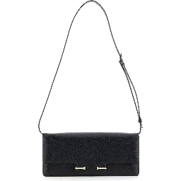 حقيبة كروس سوداء بحزام كتف قابل للتعديل وإغلاق على شكل حرف T من الجلد المحبب للنساء