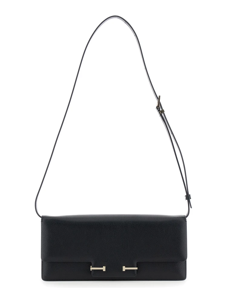 حقيبة كروس سوداء بحزام كتف قابل للتعديل وإغلاق على شكل حرف T من الجلد المحبب للنساء