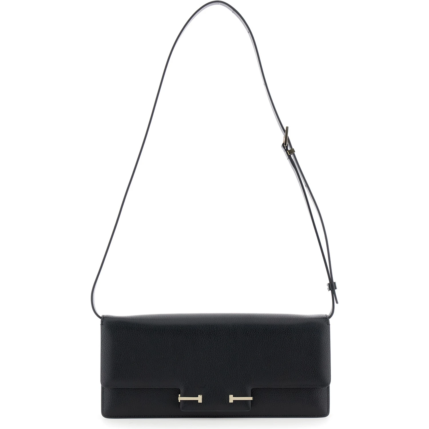 Black Crossbody Bag with Adjustable Shoulder Strap and T Plaque Closure in Grained Leather Woman