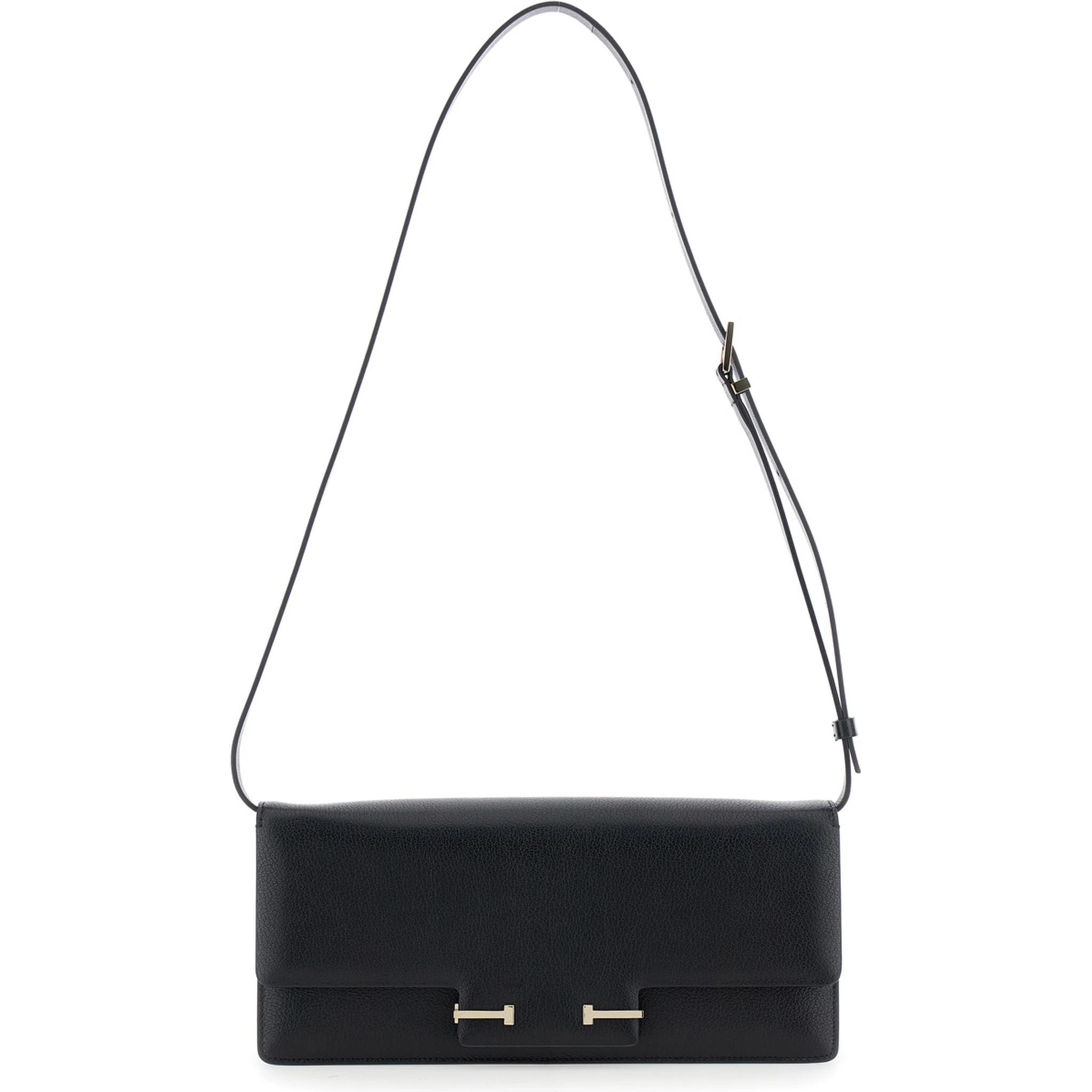 حقيبة كروس سوداء بحزام كتف قابل للتعديل وإغلاق على شكل حرف T من الجلد المحبب للنساء