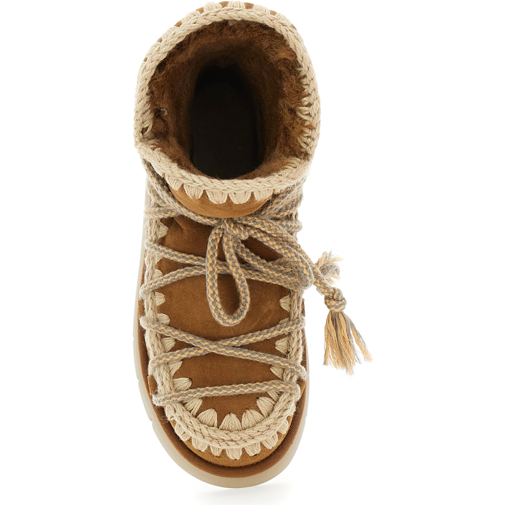 Beige Ankle Boots with Lace Closure and Tassel Detail in Leather Woman