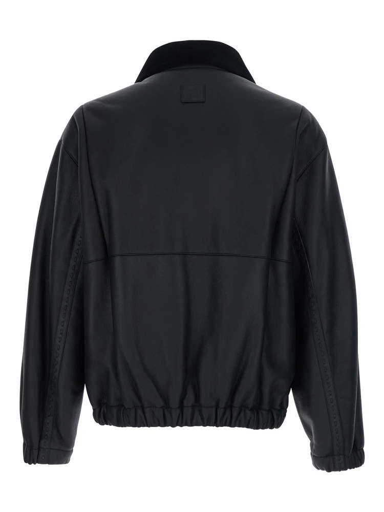 Black Shearling Jacket with Dropped Shoulders and FF Patch on the Rear in Leather Man alternative