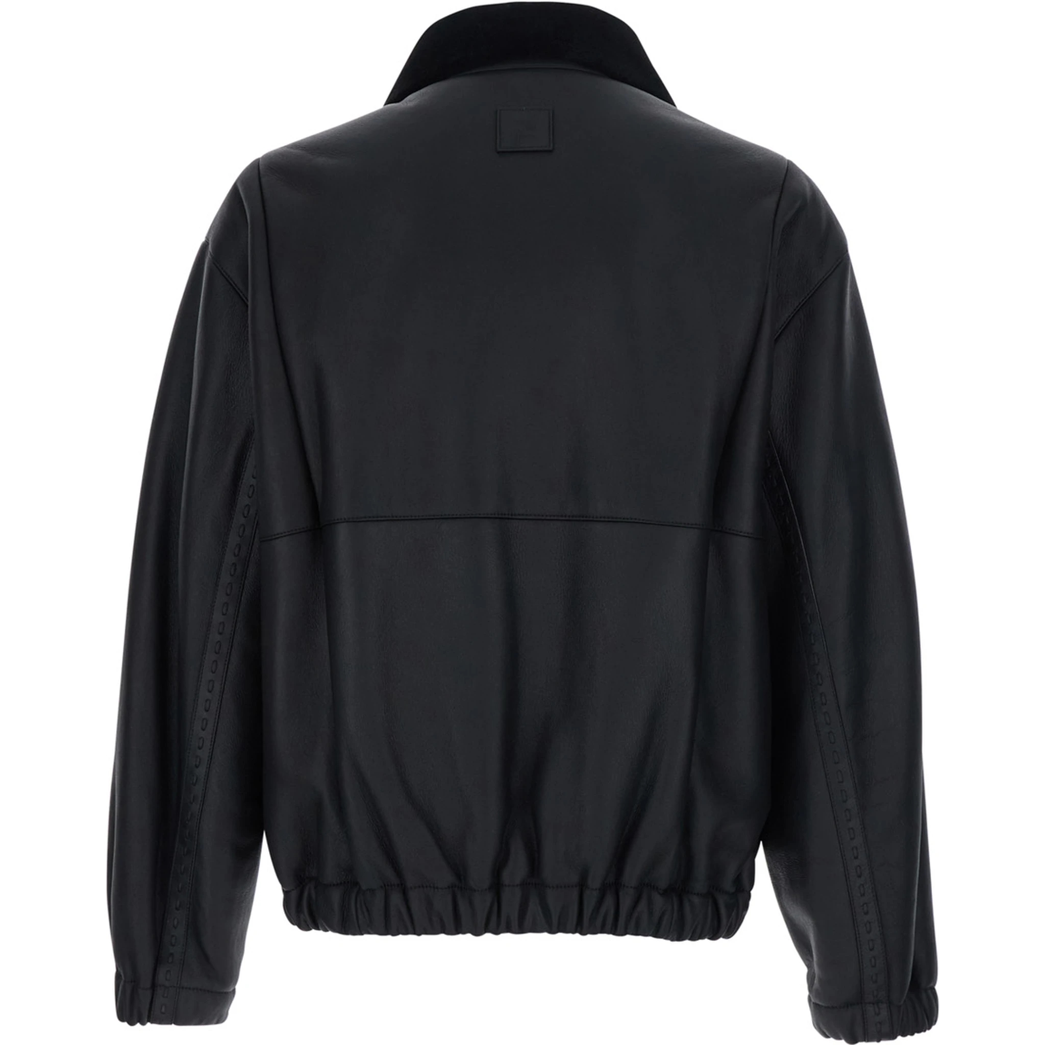 Black Shearling Jacket with Dropped Shoulders and FF Patch on the Rear in Leather Man