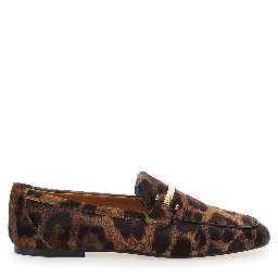Brown Loafers with Logo Plaque on the Front and All-Over Leopard Motif in Suede Woman