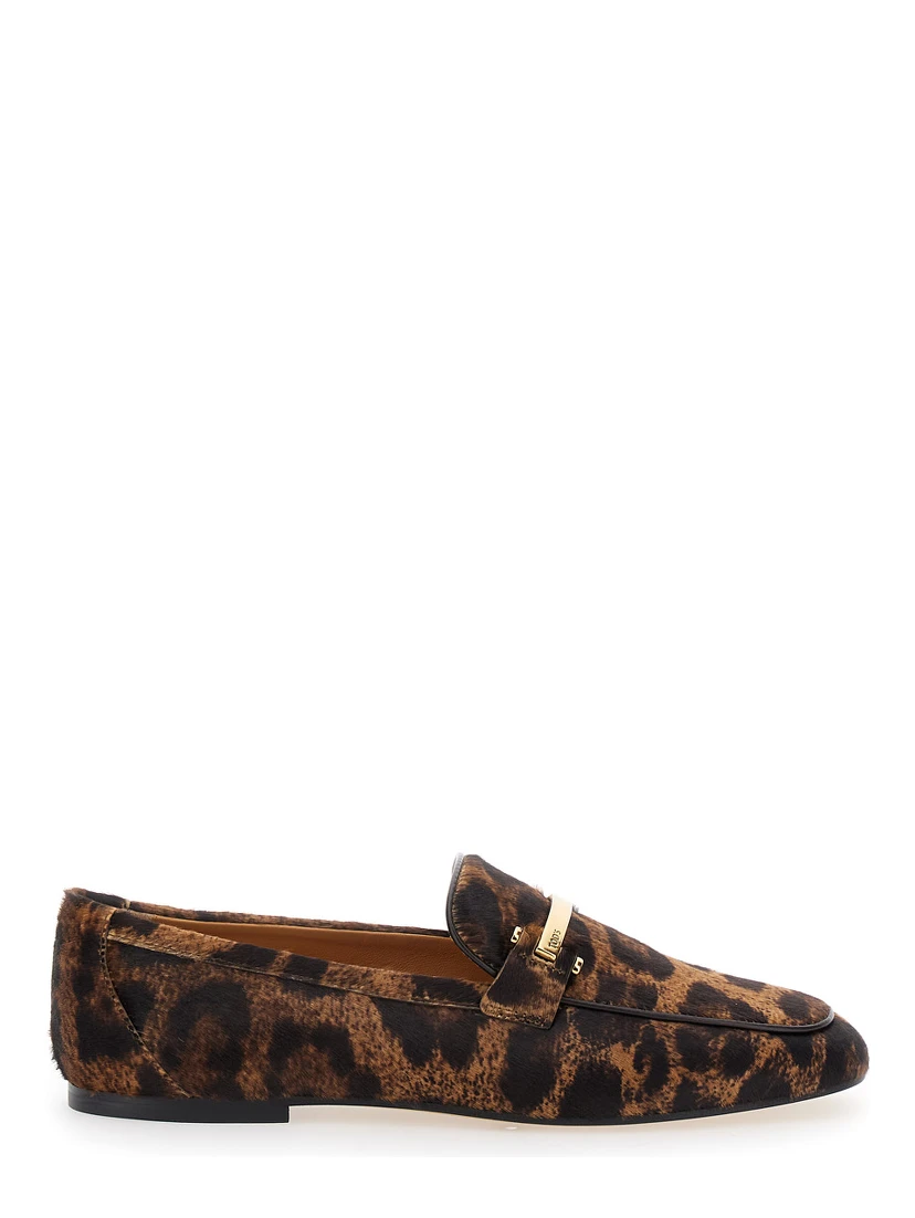 Brown Loafers with Logo Plaque on the Front and All-Over Leopard Motif in Suede Woman