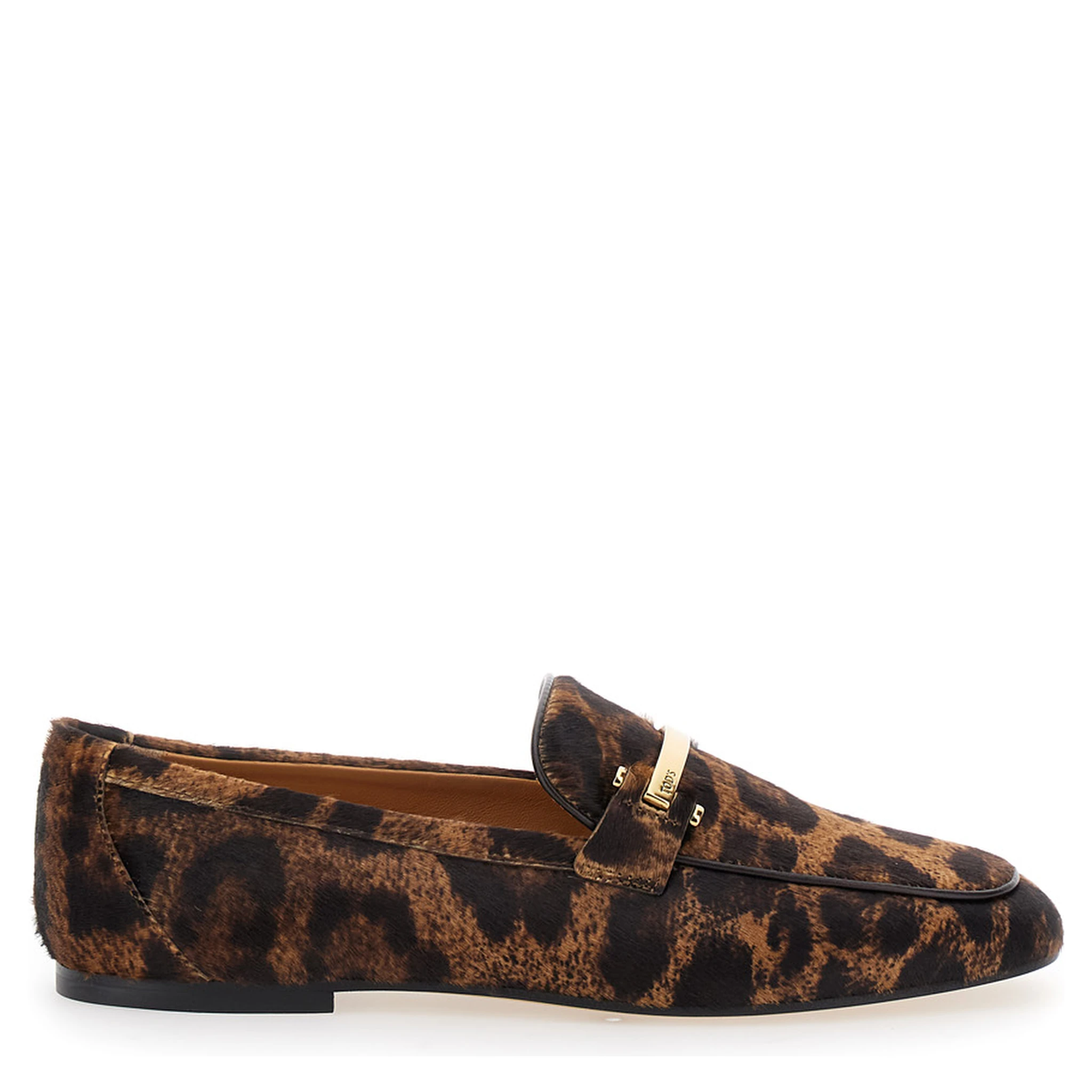 Brown Loafers with Logo Plaque on the Front and All-Over Leopard Motif in Suede Woman