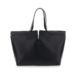 Black Tote Bag with Two Top Handles and Metal Details on the Side in Leather Woman