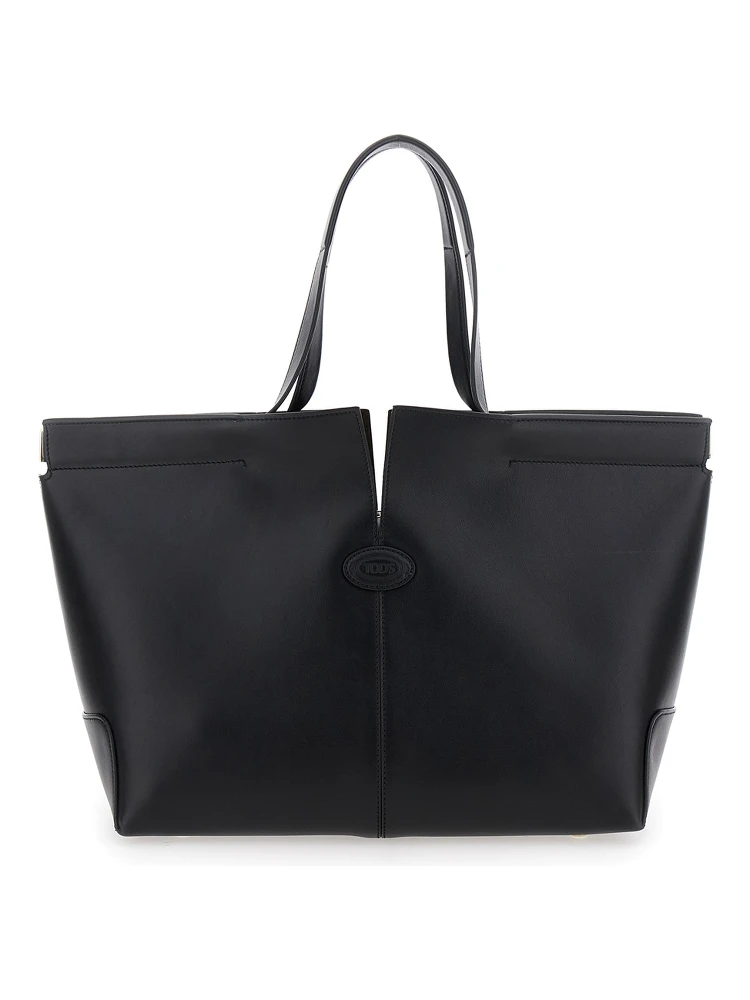 Black Tote Bag with Two Top Handles and Metal Details on the Side in Leather Woman