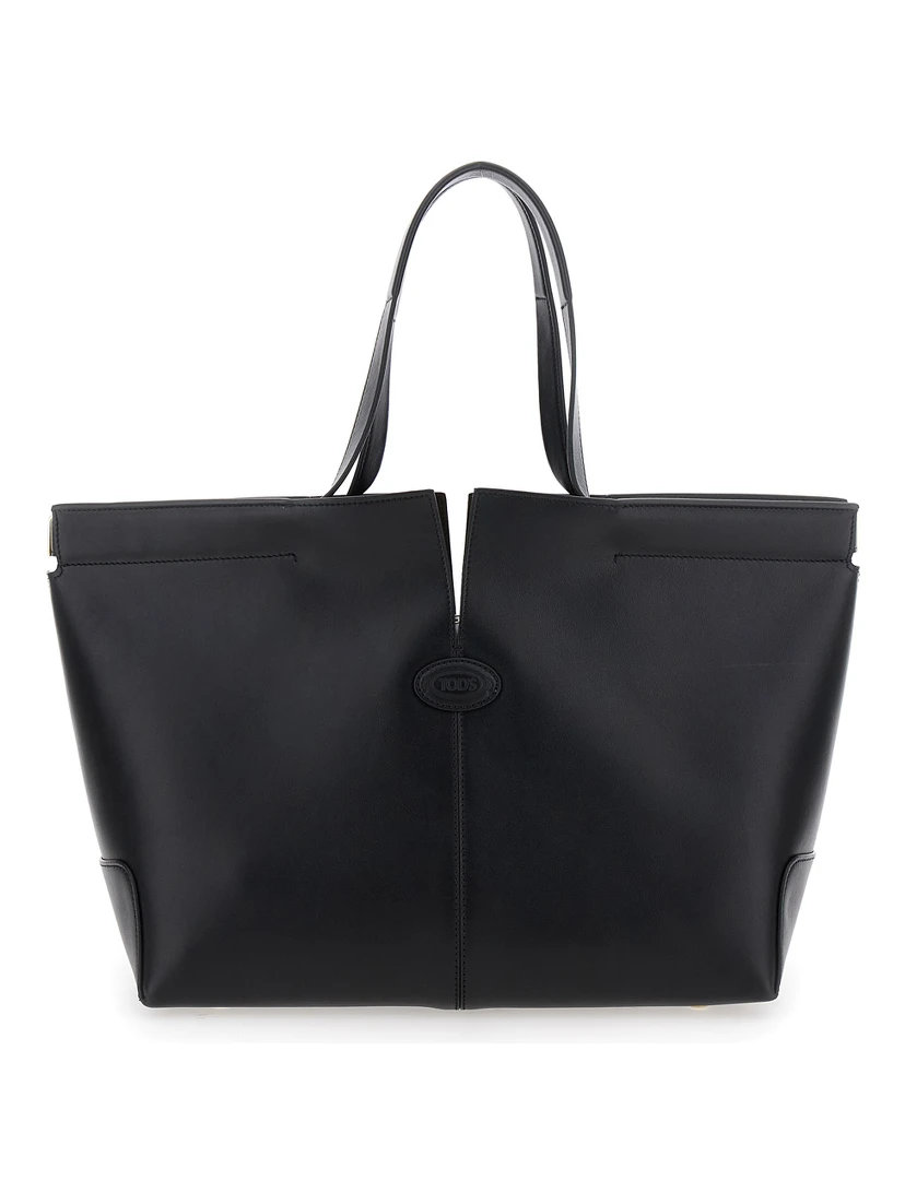 Black Tote Bag with Two Top Handles and Metal Details on the Side in Leather Woman