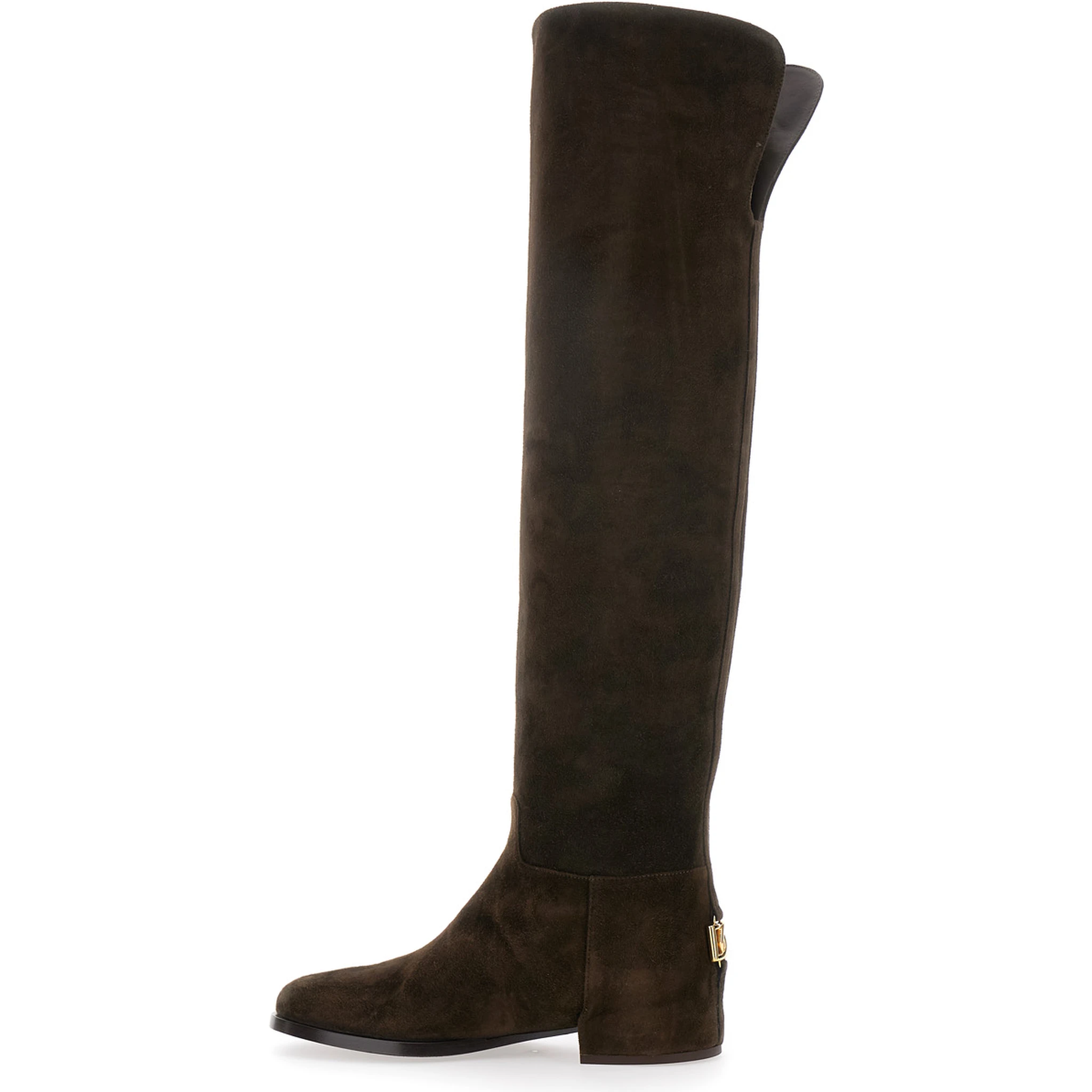 Brown Knee-High Boots with Back Logo Plaque in Suede Woman