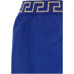 Blue Swim Shorts with Elastic Waist with Greca Motif in Tech Fabric Man