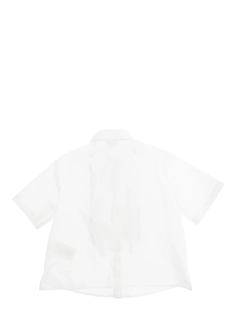 White Shirt with Classic Collar and Contrasting Ruched Detail in Cotton Girl