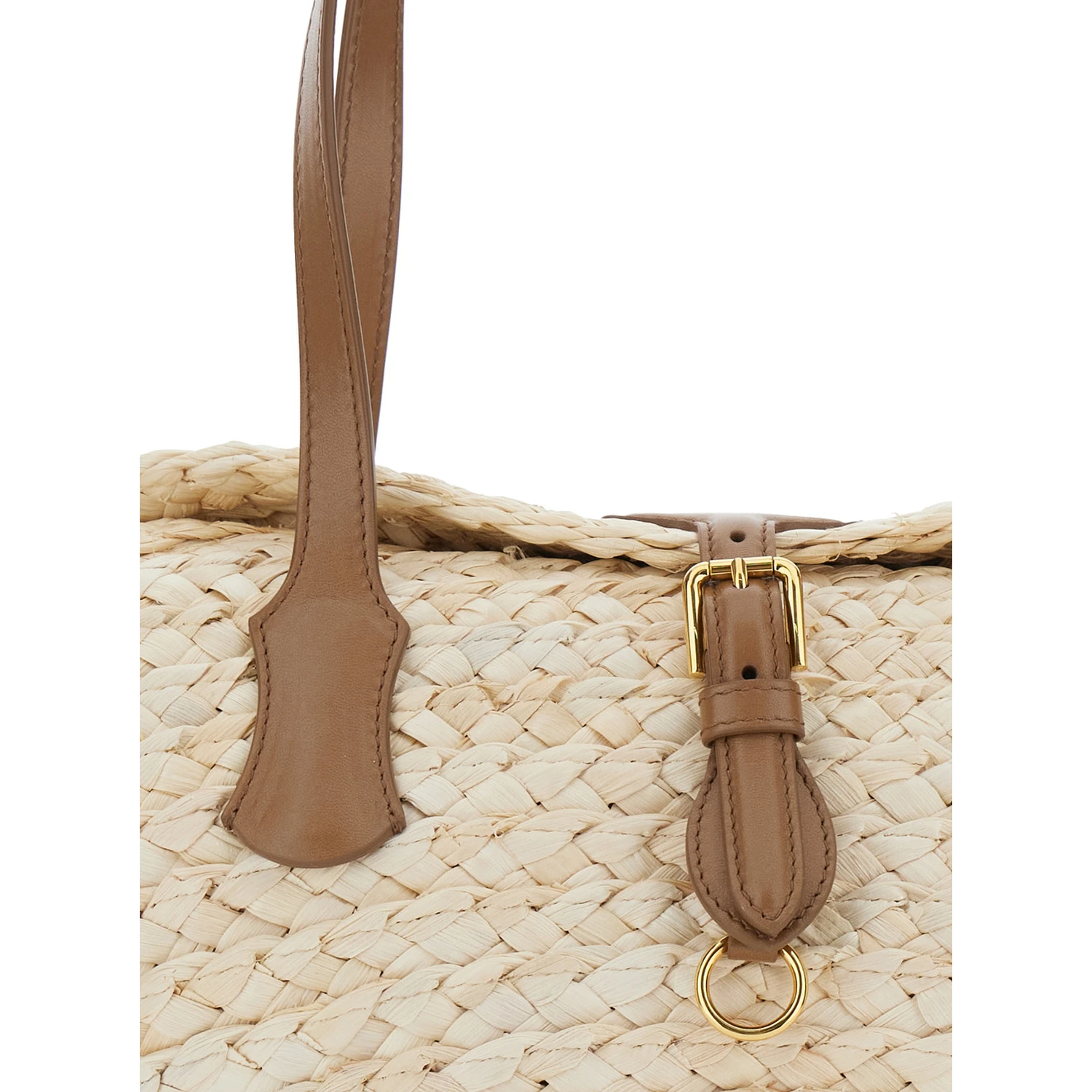 Beige Shoulder Bag with Two Top Handles and Interwoven Design in Raffia Woman