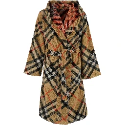 Beige Robe with Cord Closure on the Front and All-Over Check Motif in Cotton Home